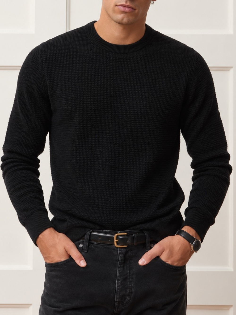Todd Snyder Men’s M Black 100% Merino Wool Waffle Crewneck Sweater Fall Fashion